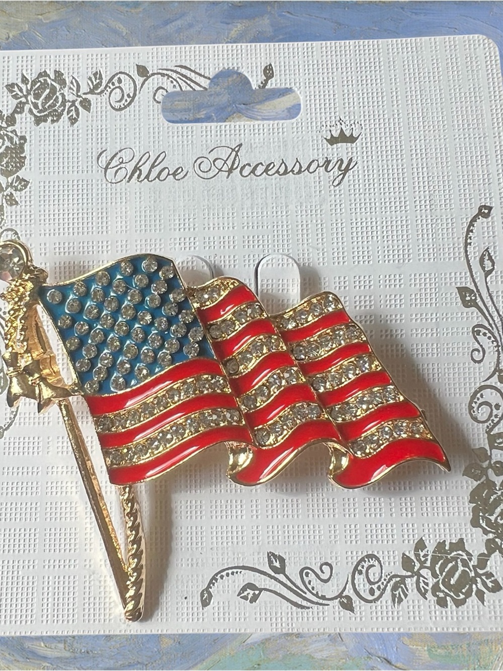 American Flag Crystal Brooch - Red, Blue & Gold